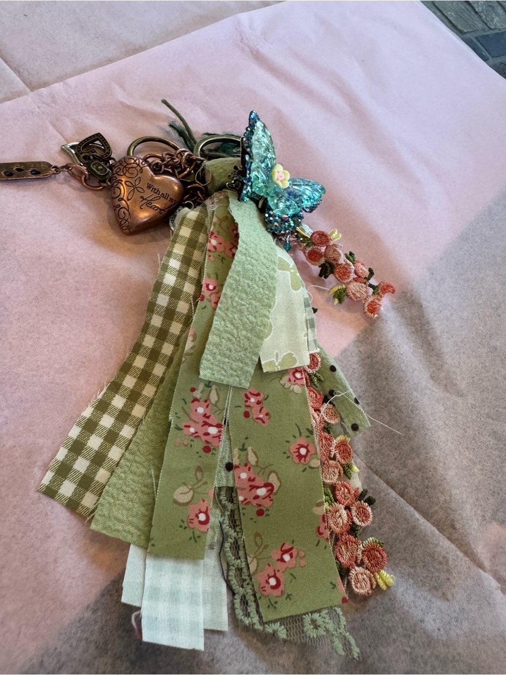 Handmade Green Floral Ribbon Tassel Keychain with Butterfly Charm